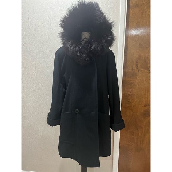 Preston York Women's Black Wool Coat Fox Fur Trim Hood Size